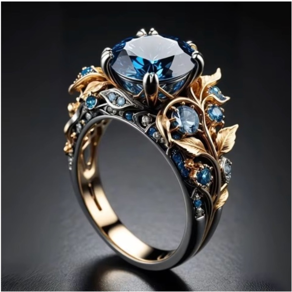 New Leaf Shape Inlay Blue Zircon Ring.